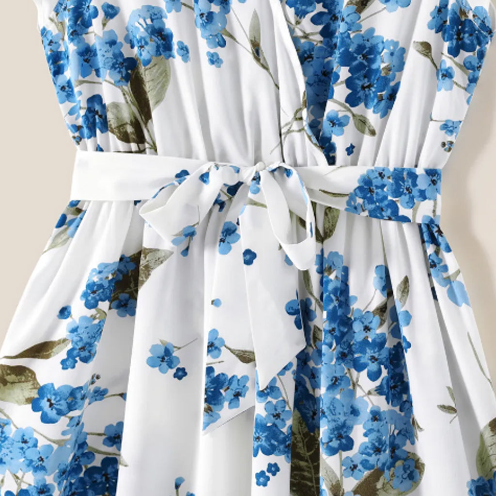 All Over Blue Floral Print Cross Wrap V Neck Flutter-sleeve Belted Dress