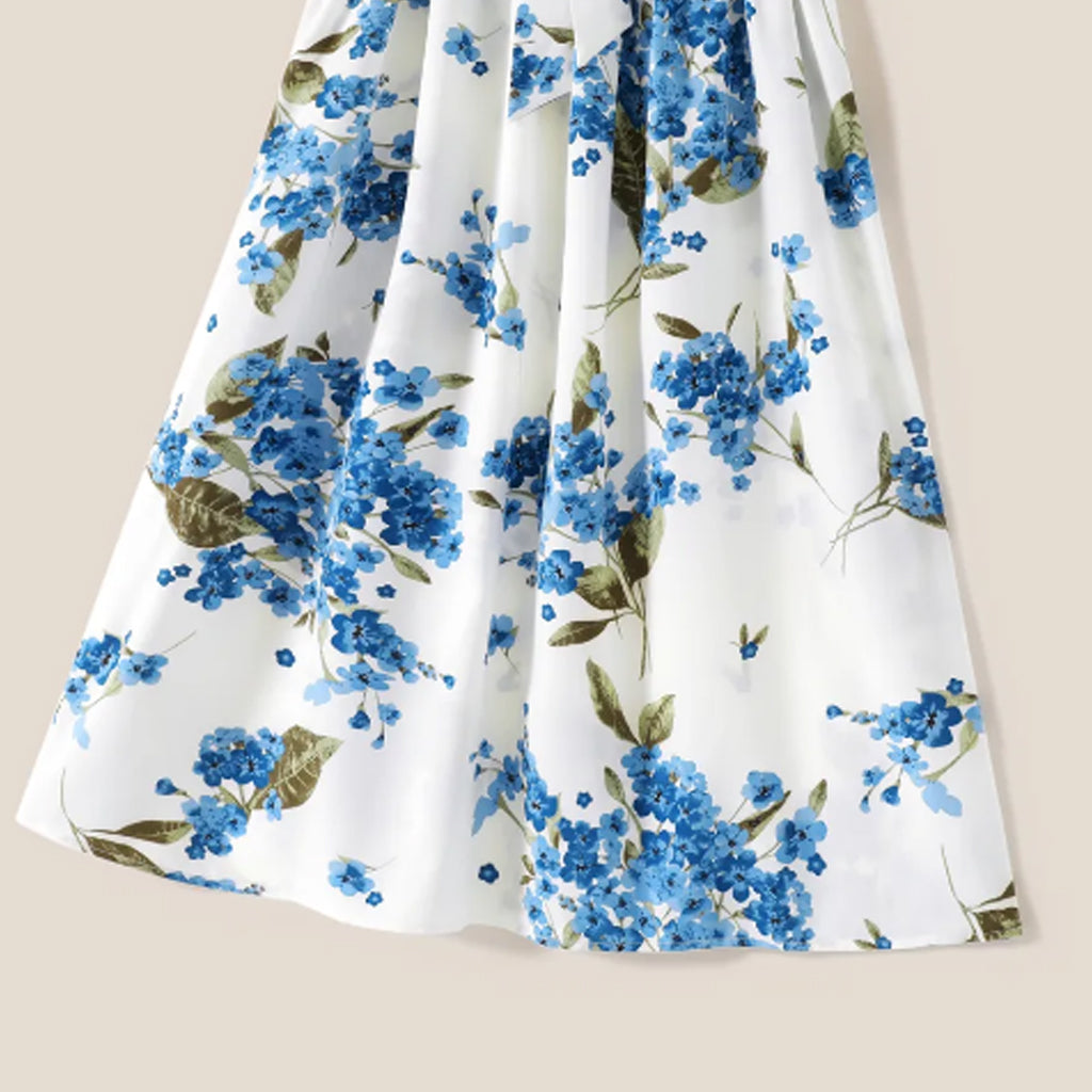 All Over Blue Floral Print Cross Wrap V Neck Flutter-sleeve Belted Dress