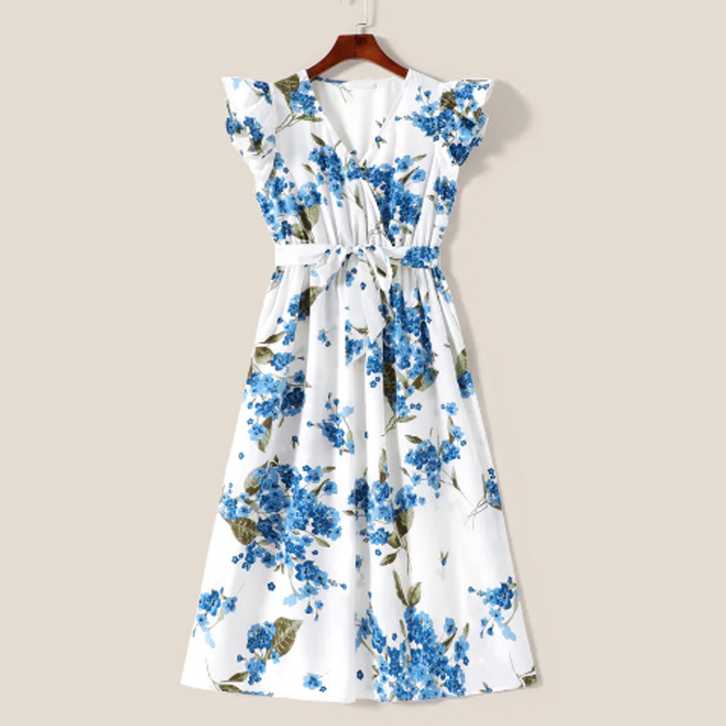 All Over Blue Floral Print Cross Wrap V Neck Flutter-sleeve Belted Dress