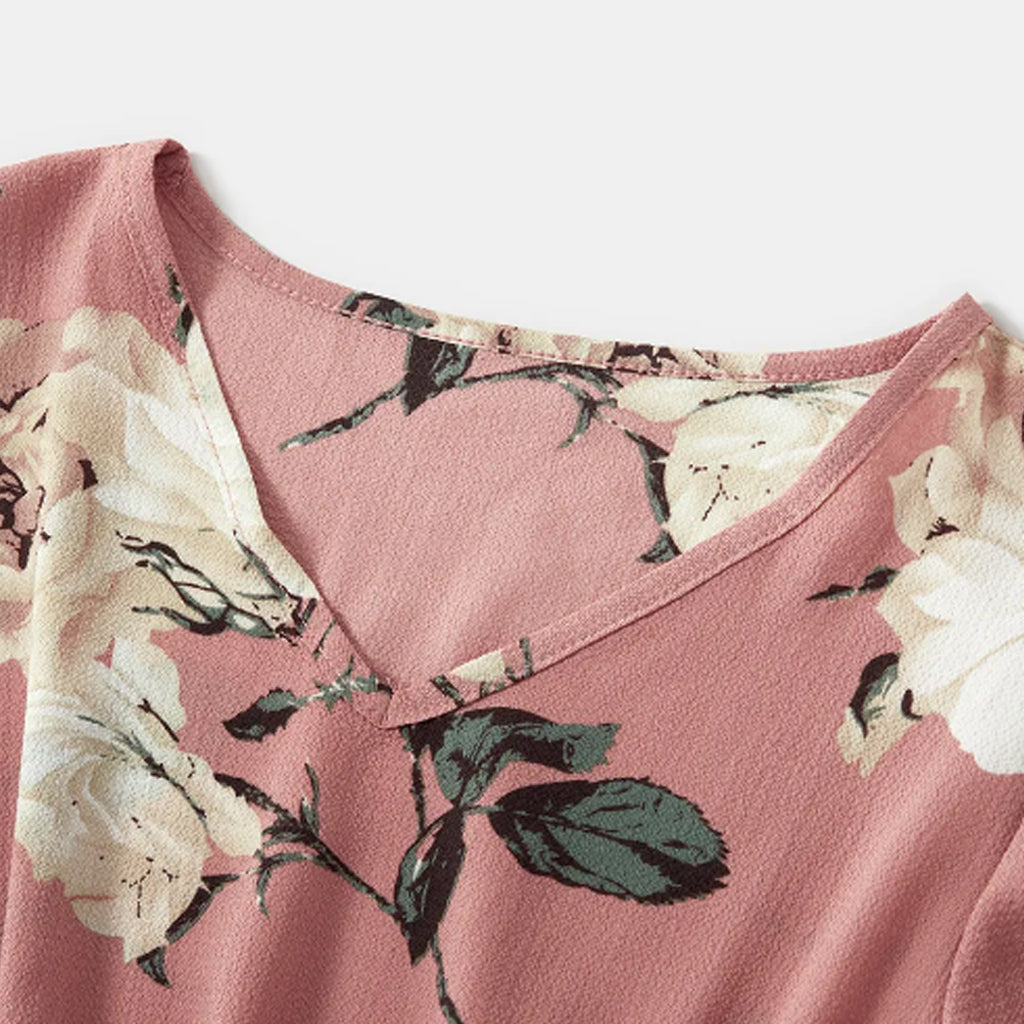 Pink Floral Print Ruffle-sleeve Dresses