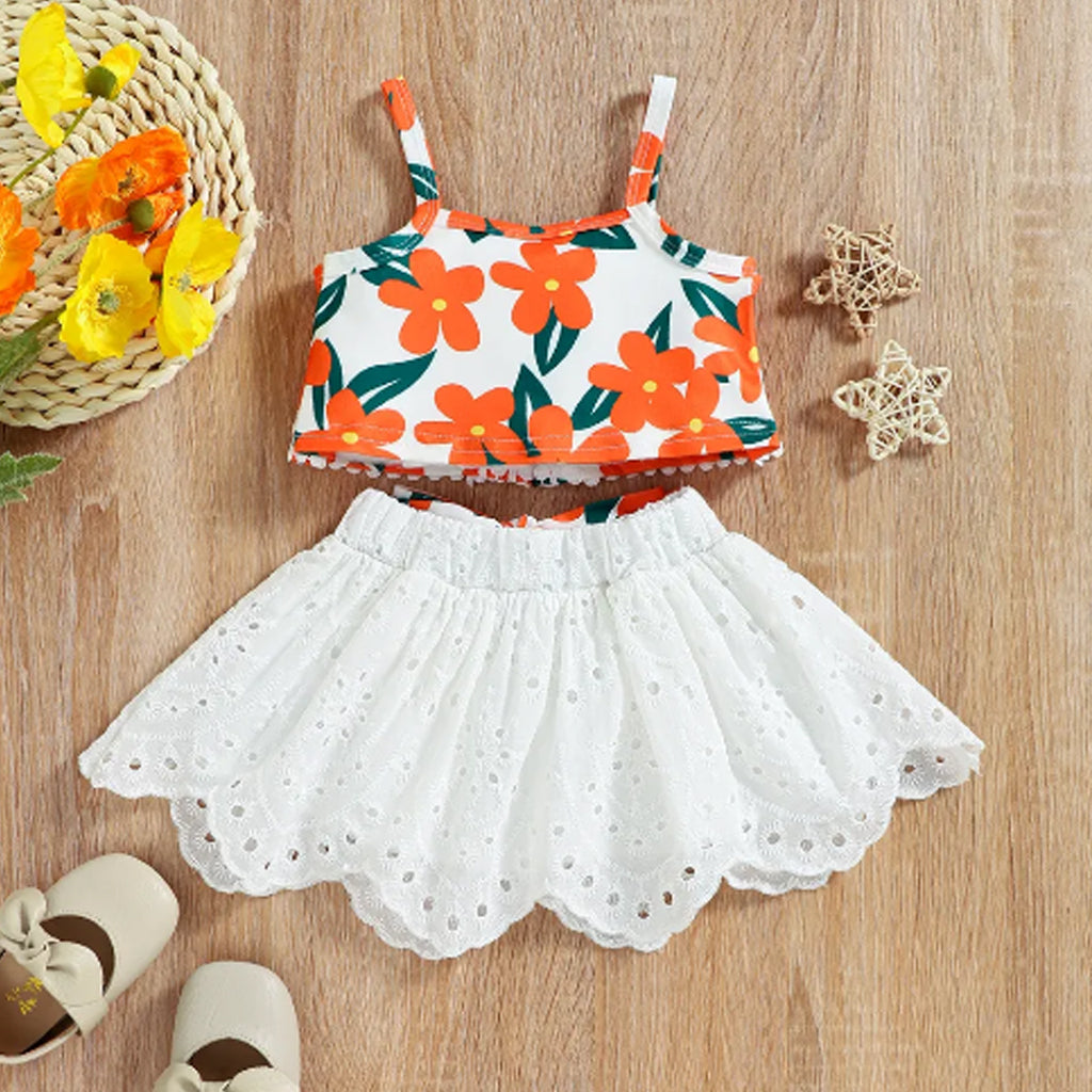 2pcs Baby Girl Floral Print Camisole Crop Top and Bowknot Hollow Out Skirt Set