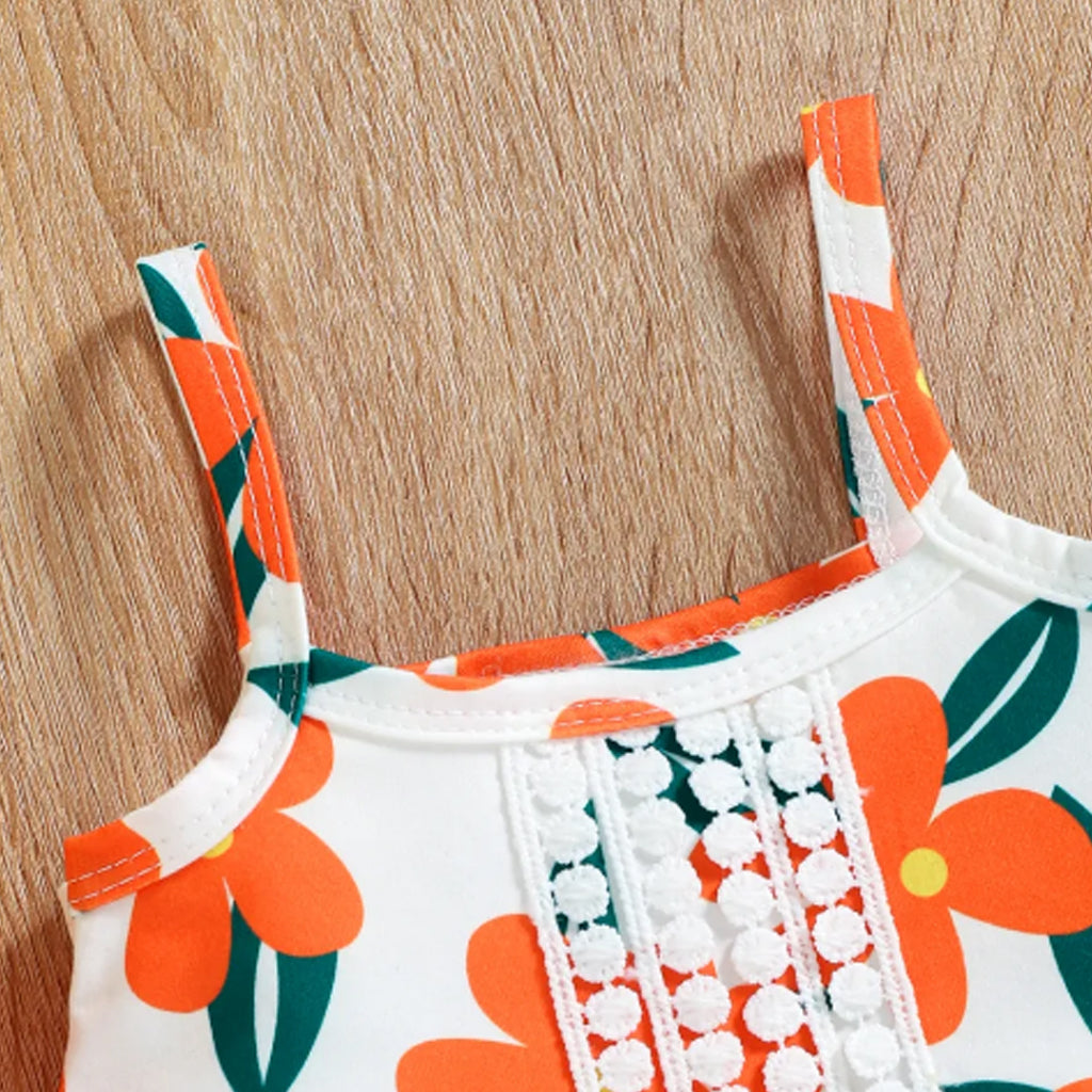 2pcs Baby Girl Floral Print Camisole Crop Top and Bowknot Hollow Out Skirt Set