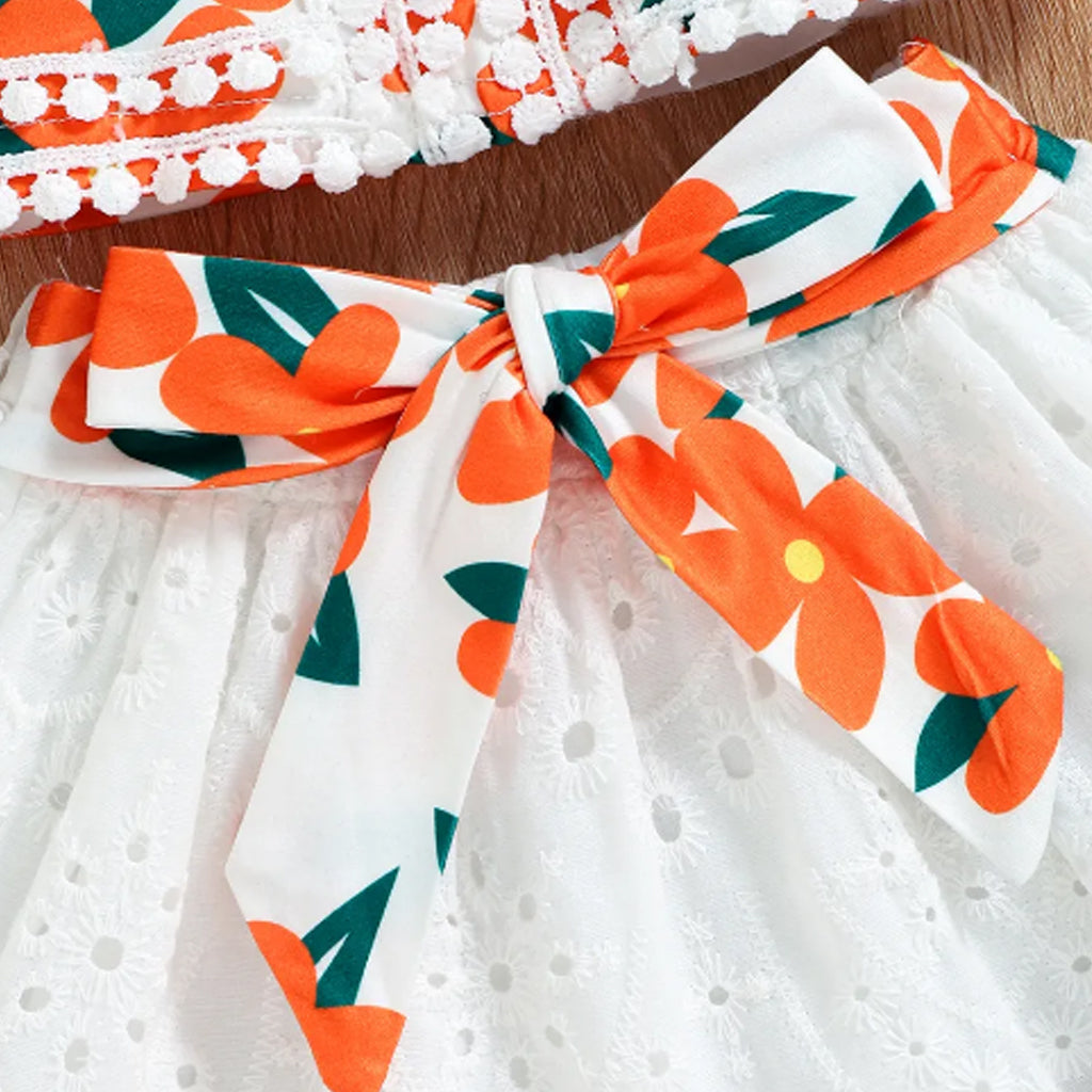 2pcs Baby Girl Floral Print Camisole Crop Top and Bowknot Hollow Out Skirt Set