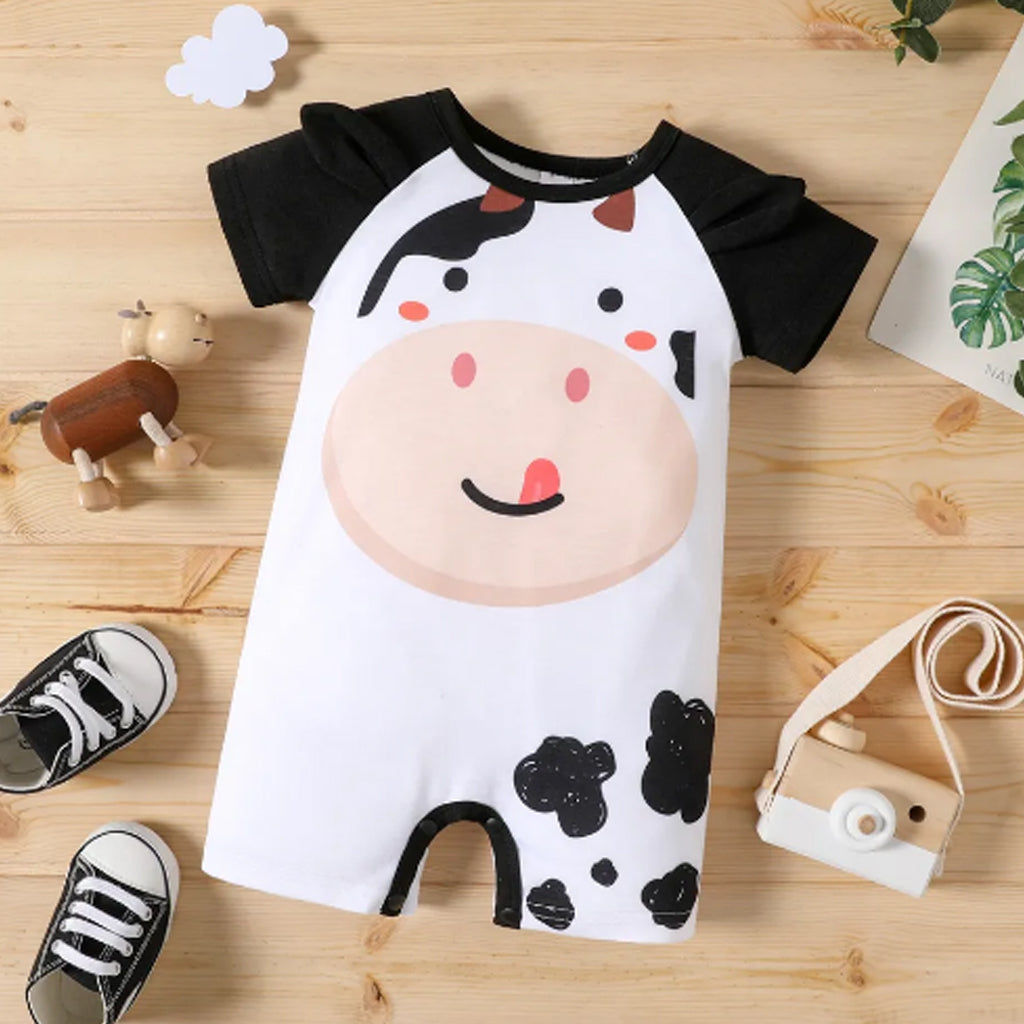 Baby Boy Cartoon Cow Print 3D Ears Raglan-sleeve Romper