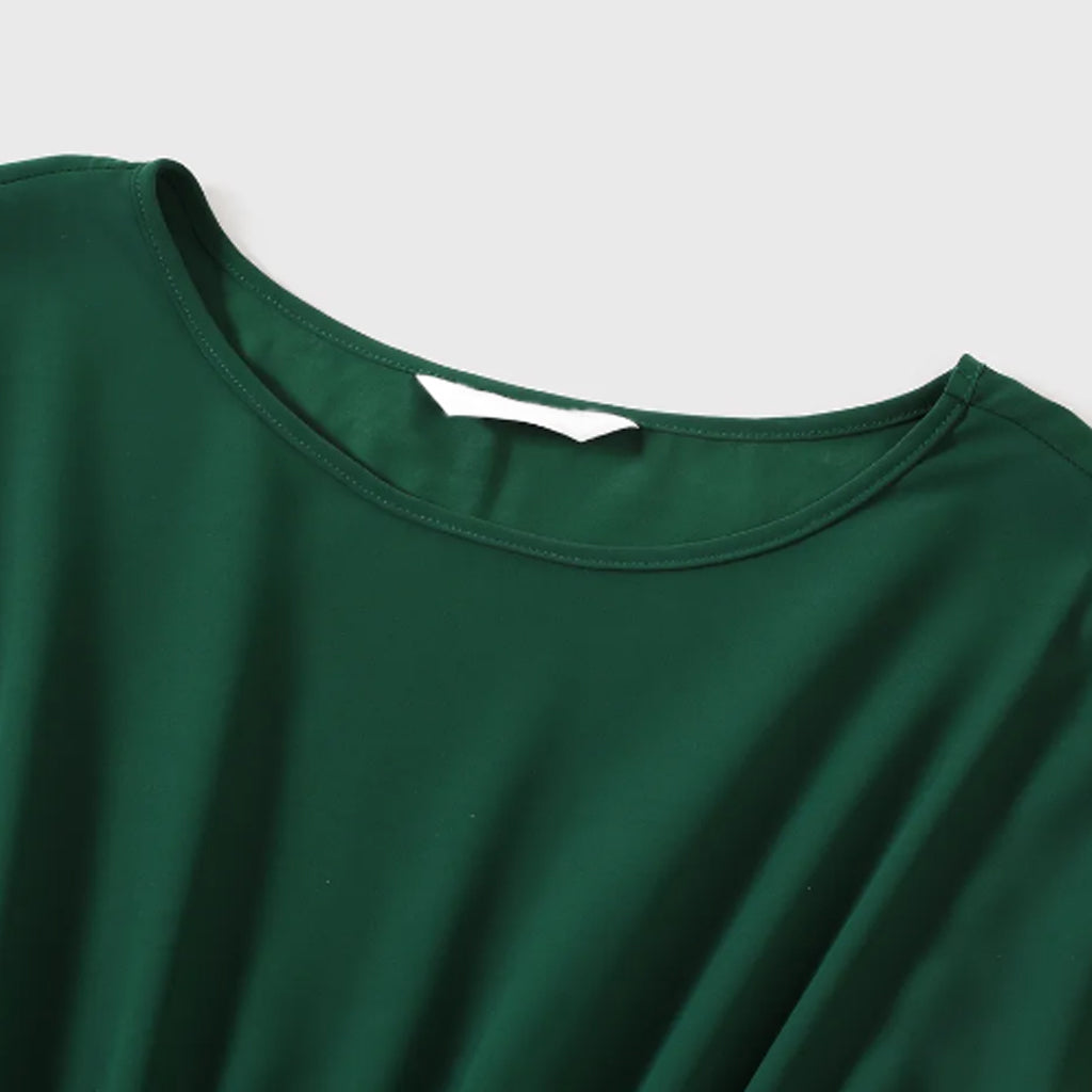 Dark Green Drop Shoulder Belted Pleated Dresses and Raglan-sleeve T-shirts Sets