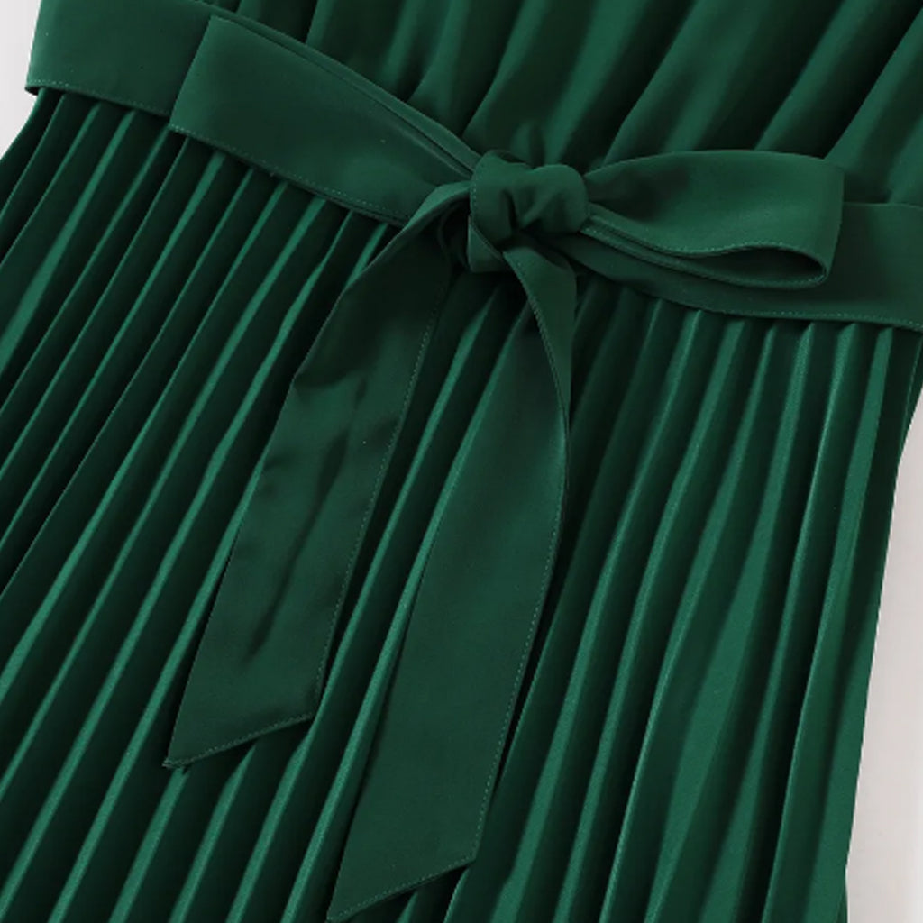 Dark Green Drop Shoulder Belted Pleated Dresses and Raglan-sleeve T-shirts Sets