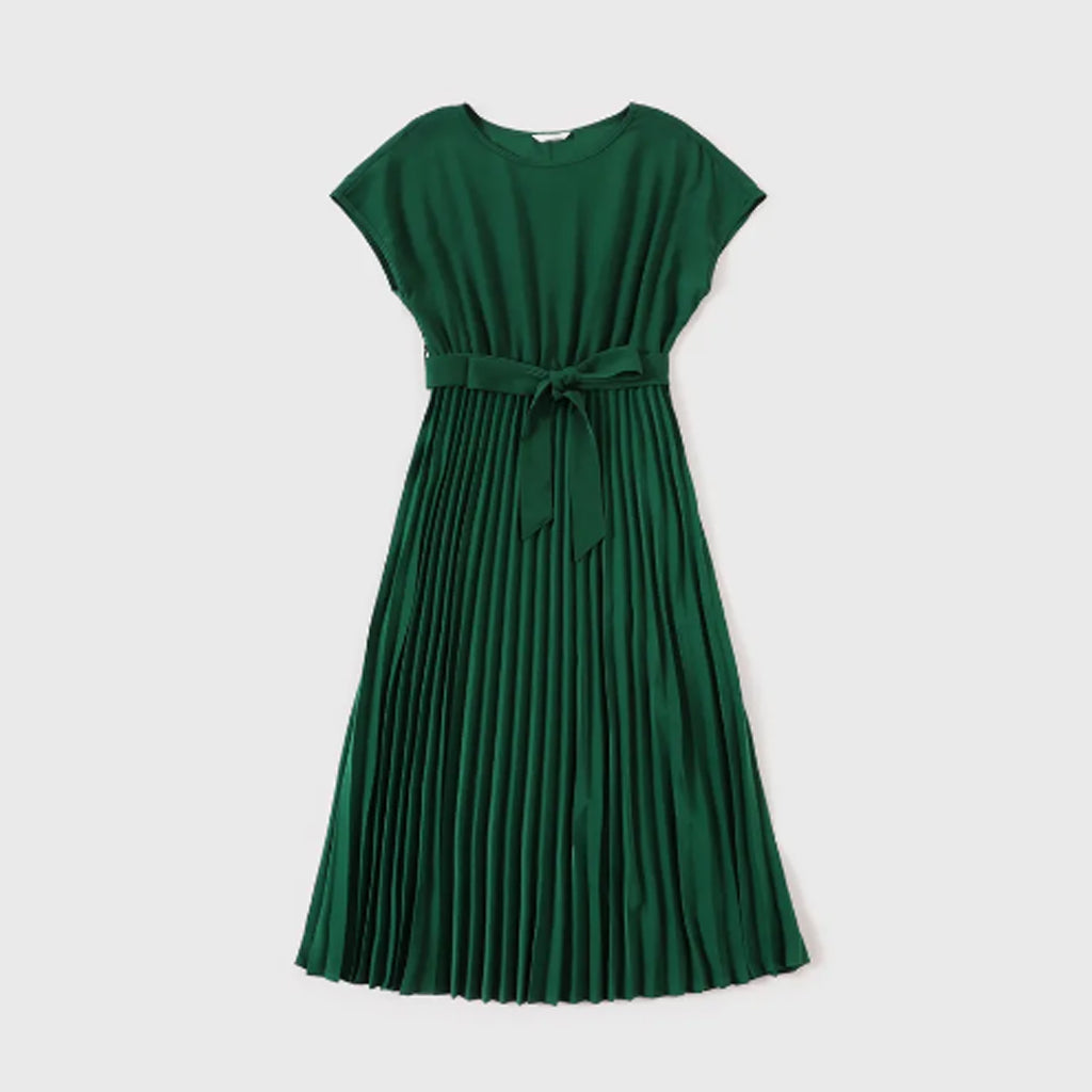 Dark Green Drop Shoulder Belted Pleated Dresses and Raglan-sleeve T-shirts Sets