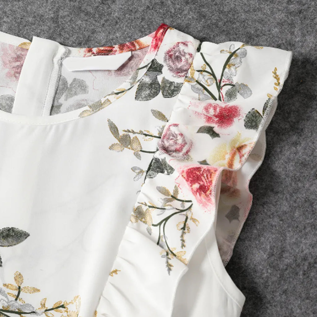 Floral Print White Sleeveless Ruffle Belted Midi Dress