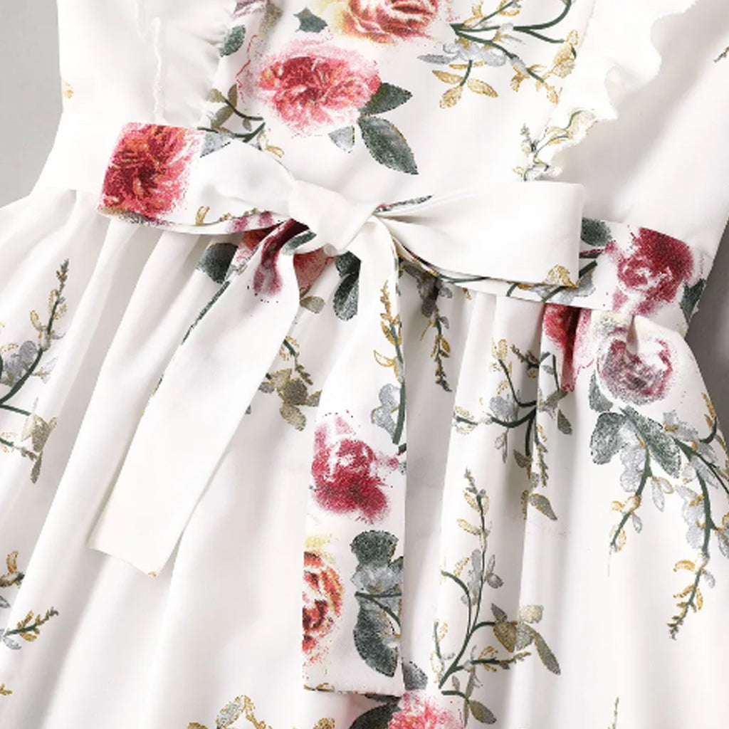 Floral Print White Sleeveless Ruffle Belted Midi Dress