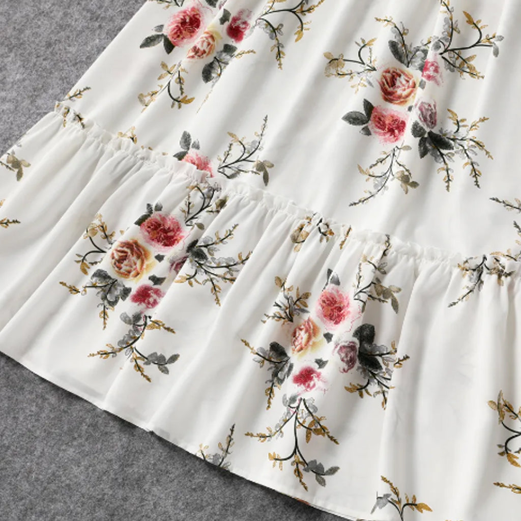 Floral Print White Sleeveless Ruffle Belted Midi Dress