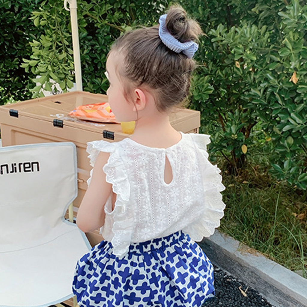 Toddler Girl Hollow out Ruffled White Sleeveless Top and Blue Shorts Set